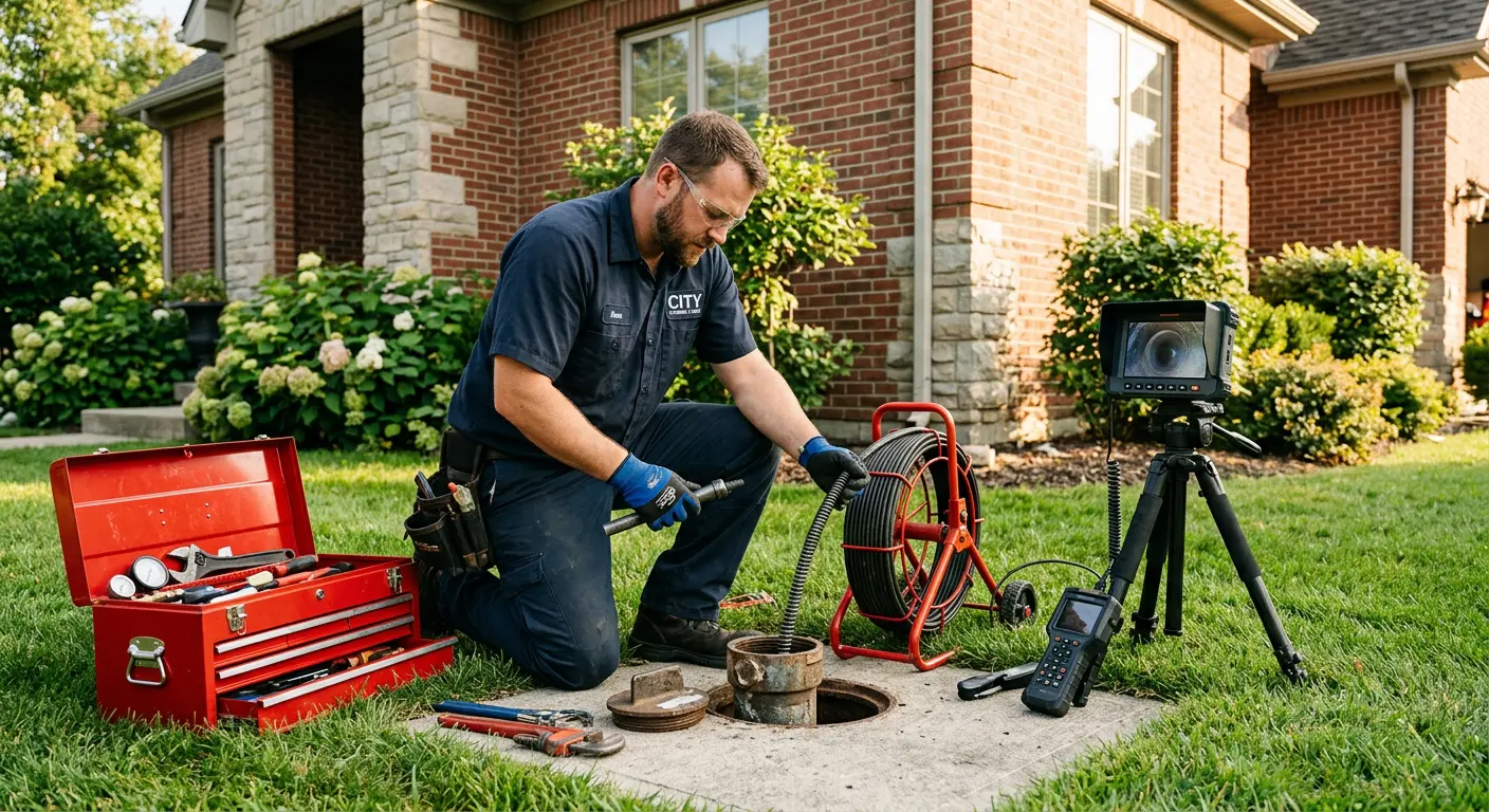 Sewer specialist with camera equipment servicing a cleanout in Alsip