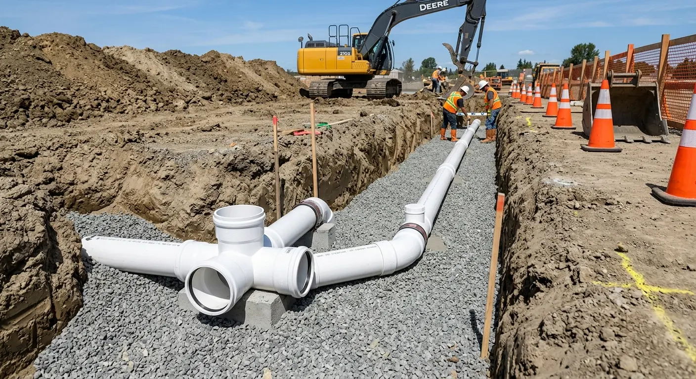 New PVC sewer pipe installation in open trench for Commercial Drain Cleaning in Alsip