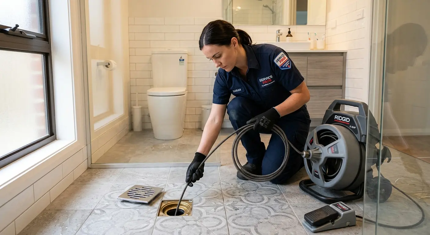 Technician clearing a bathroom floor drain for Drain Cleaning in Alsip